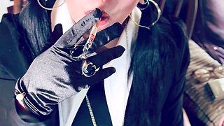 Wednesday Addams, Tina Snua,  Chain Smokes 2 Cigarettes In Satin Gloves - Smoking Smoker Drifts Snap Inhales OMI OME Tip To Tail