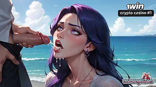 A muscled guy and a purple-haired sweetie in a black bathing suit ravage on an ocean wave - xxx XXX porn!