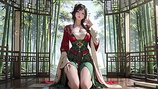 The Red-Robed Goddess in a sun-dappled secret garden, lazily turning her head with golden halos and a coy smile
