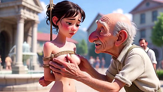 Tied Woman in Public Square - Old Man Caresses Her Body