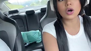 Chubby latina with huge tits plays with pussy in car and blows driver's cock