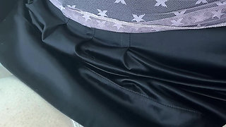 Exhibition in Micro Satin Skirt Without Panties and Transparent Pink Top in Public