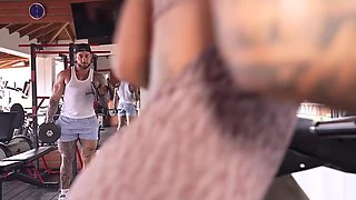 Tattooed brunette met a hot guy in the gym, then went home with him and got fucked there