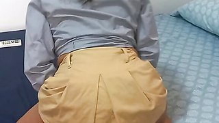 Teen schoolgirl masturbates with her favorite pillow and in school uniform, real amateur homemade