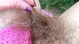 Super Hairy Pussy in Panties Closeup Outdoor