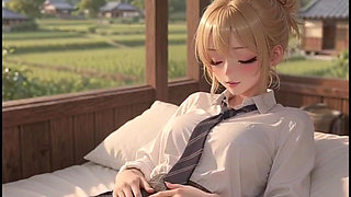 Blonde Anime Masturbates on Terrace