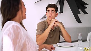 Horny Stepmom Opens Her Robe, Shows Perfect Juicy Tits And Rides The Young Cock During Lunch With La Paisita Oficial And Brady Bud