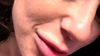 Busty curly brunette with big boobs fucks on couch