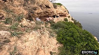German Threesome FFM Outdoor Fuck: Blonde MILF Slut with Big Natural Tits Gets Rough Beach Sex