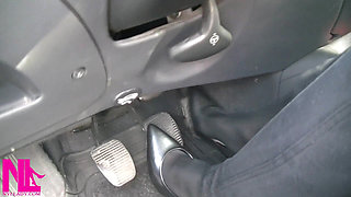 Pedal Pumping in Black Pantyhose and Grey Patent High Heels