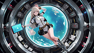 Private moments inside the futuristic spaceship where her white uniform is stretched to perfection.