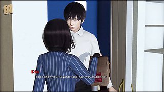 Hot brunette with big tits in an adult visual novel and gameplay session