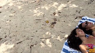 Public Pickup Stepmom and Stepdaughter on Beach - Risky Dick Flashing