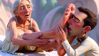 Giantess Old Granny Foot Slave Worship - Tiny Man Licking Her Giant Feet