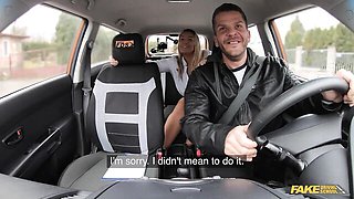 Blonde and busty, Krystal Swift keeps her skirt on while she rides him in the car