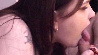 Cumshot on Her Face After Blowjob and Pussy Massage Close-up