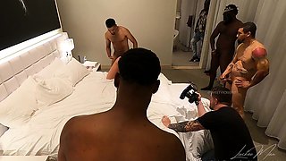 Skinny blonde teen enjoys sex with three guys