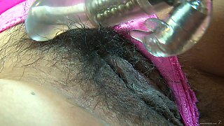 Impressive Asian milf with natural tits showering after getting her hairy pussy stroked with vibrator then pounded