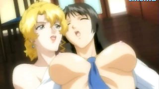 Two gorgeous hentai babes take one big prick and fuck it