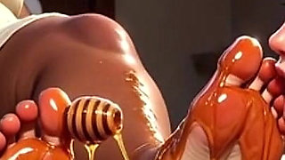 SSBBW Foot Worship - Skinny Girl Licking Honey off Big Feet