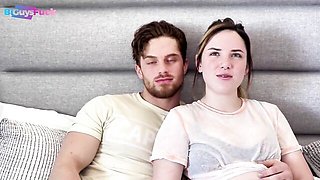 Brunette Watches Two Bi Guys Kiss Then Joins Hot MMF Threesome in Bedroom