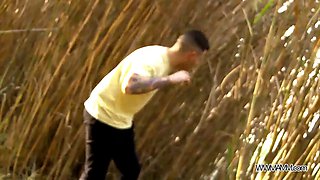 Huge facial cumshot in fields to chesty chunk of girl