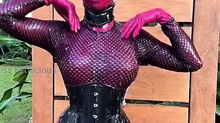 Outdoor solo masturbation scene with curly blonde