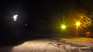 Blonde in Car During Nude Beach Film Shoot with Crew