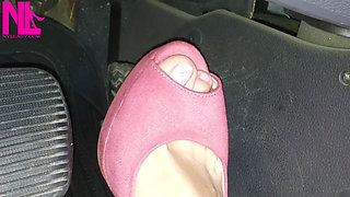 Barefoot Driving and Revving in Vivid Pink High Heeled Sandals