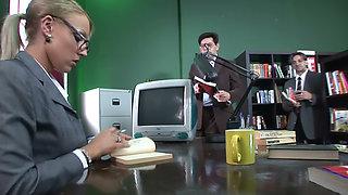 Library Foursome - Two Tattooed Platinum Blondes in Black Stockings Fucked on the Leather Sofa
