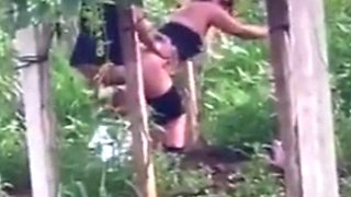 Spying blonde hooker fucking in the woods