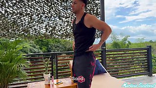 Brunette MILF with round ass, Mariana Sandoval, rides a huge cock during an erotic massage