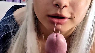 Submissive Sloppy Deepthroat in White Wig & Blue Contacts - Debora Swallowing Wellington's Thick Cock + Slow Stretching