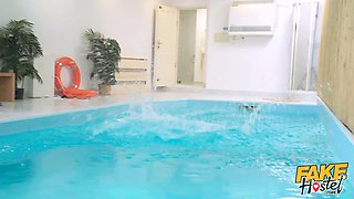 Faux hostel - tall slim style models in bathing suits have a three-way with hungover dude by the pool
