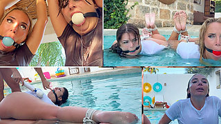 Emma Reed and Ava Kayley Bound and Soaked. Lesbian Wet Catfight in a Water Bondage Battle