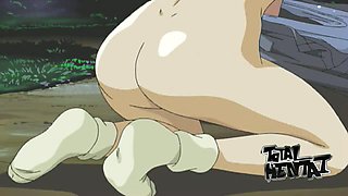 Curvy hentai chick gets teased with a vibrator outdoors by pervert