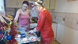 Erotic New Year's Eve cooking in a thong and beautiful lingerie