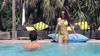 Dirty duo meets sultry siren for a wild poolside threesome