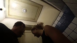 MILF vixen suck cock and gets fucked hard in public toilet