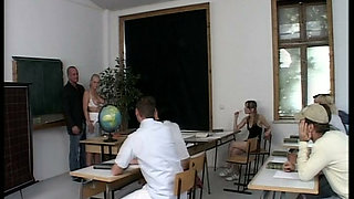 Tiny German teen doll fucked in hard threesome in the classroom