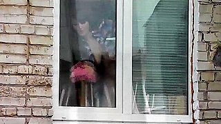 Naked Step mom washes window Step son spies on Step mommy. Naked in public. Spying