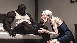 90 Year Old Granny Slave Licking Giant Black Man Feet - Wet Pussy Pleasure
