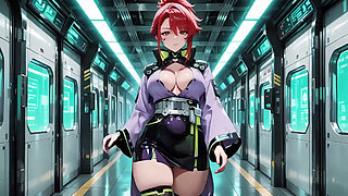 Ai-purple Kimono Seduction in the Neon Train Car, Fingertips Touching Collar, a Gaze That Drenches You!