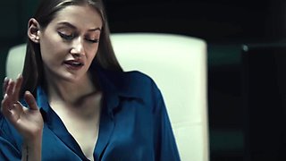 Office interracial lesbian threesome after work with slutty blonde and skinny Asians