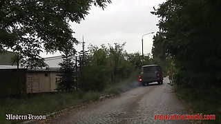 A Blonde Imprisoned Girl Has to Run Beside the Police Bus Leashed and Driven by Lashes