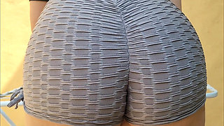 Exhibitionist wife in micro shorts without panties