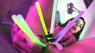 Dora Tries Double Penetration With Glowsticks In Ass &