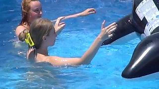 Lesbian Girls Are Having Fun in a Pool with an Inflatable Shark