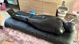 Wife Punishes Her Slave in Full-body-inflate Latex Bag - Estim - Restricted Breathing - Bagged