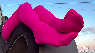 Pink Nylon Tease on the Rooftop at Sunset - Feet and Big Ass